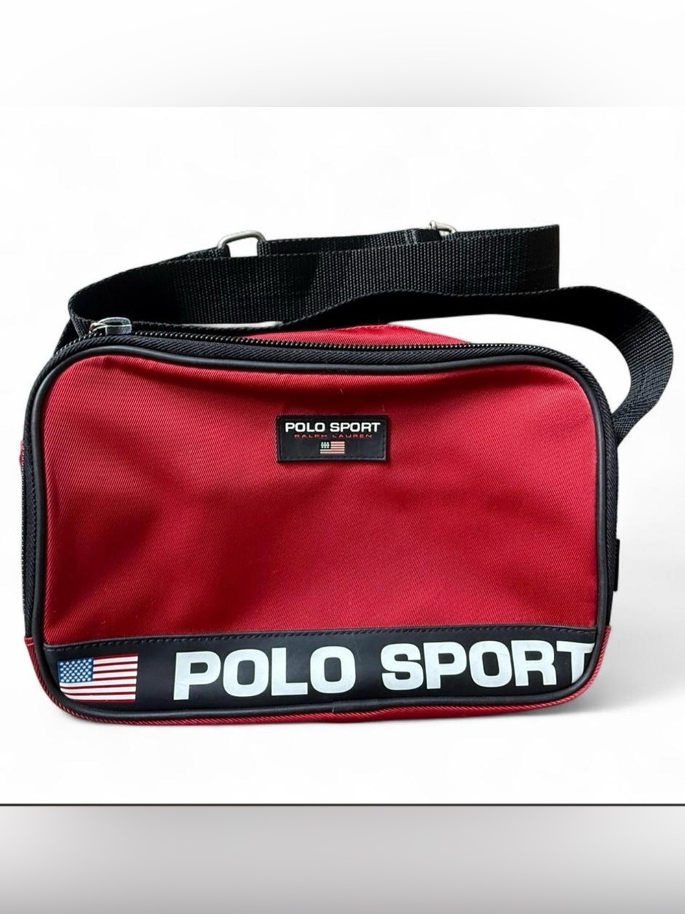 Vintage Polo Sport Ralph Lauren Red Crossbody Messenger Bag Y2K 90s USA Flag
